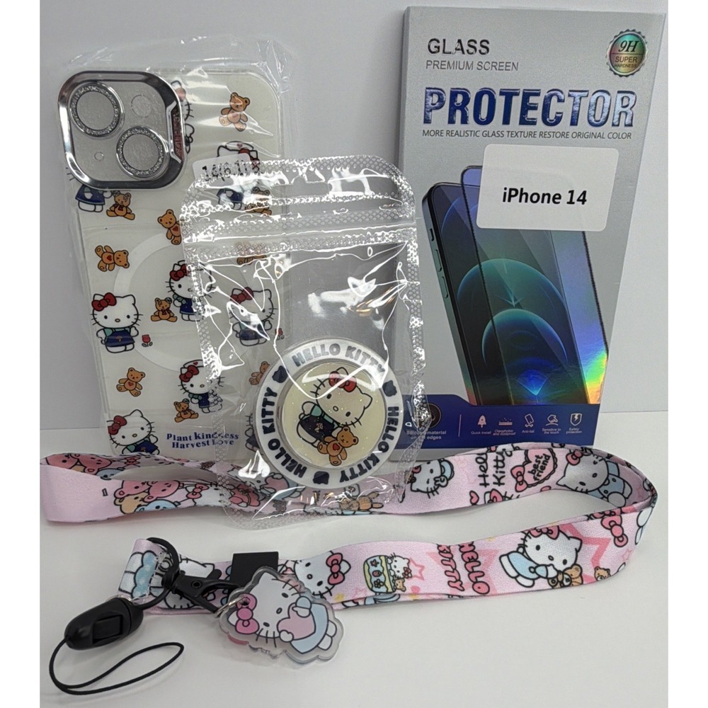 iPhone 14 Hello Kitty Phone Case Set -Case-Neck Lanyard-Pop It & Glass Protector